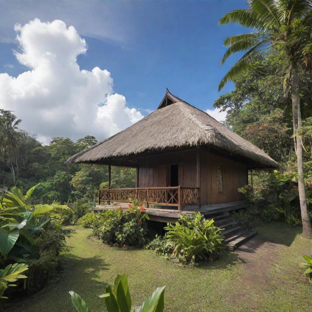 Traditional Indonesian house with a thatched roof, surrounded by lush tropical vegetation, under a vibrant sky