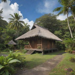 Traditional Indonesian house with a thatched roof, surrounded by lush tropical vegetation, under a vibrant sky