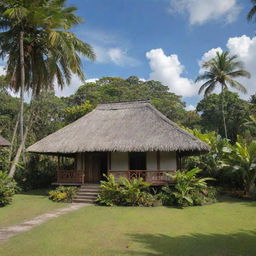 Traditional Indonesian house with a thatched roof, surrounded by lush tropical vegetation, under a vibrant sky