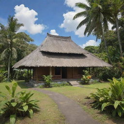 Traditional Indonesian house with a thatched roof, surrounded by lush tropical vegetation, under a vibrant sky