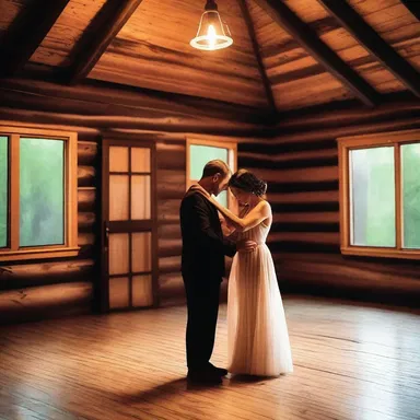 Underneath the moonlit sky, the couple shared a tender dance on the old, screaky wooden floor of the rustic cabin, creating a nostalgic atmosphere.