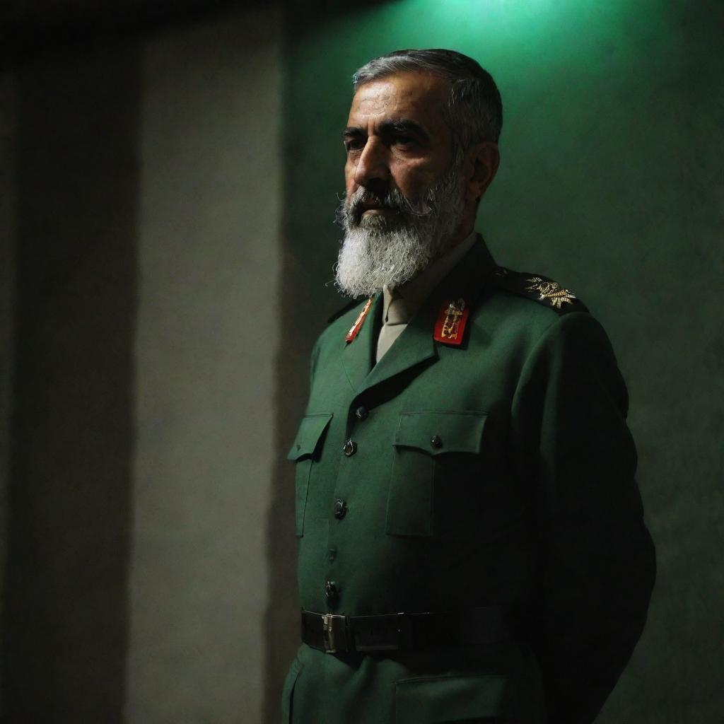 A IRGC guard seen from the rear, graced with a distinguished gray beard, attired in a jade green military uniform, standing in a dimly lit environment.