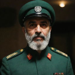 A IRGC guard seen from the rear, graced with a distinguished gray beard, attired in a jade green military uniform, standing in a dimly lit environment.