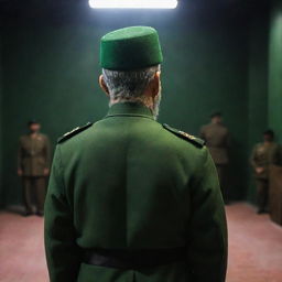 A IRGC guard seen from the rear, graced with a distinguished gray beard, attired in a jade green military uniform, standing in a dimly lit environment.