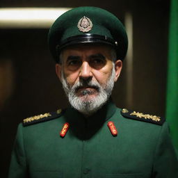 A IRGC guard seen from the rear, graced with a distinguished gray beard, attired in a jade green military uniform, standing in a dimly lit environment.