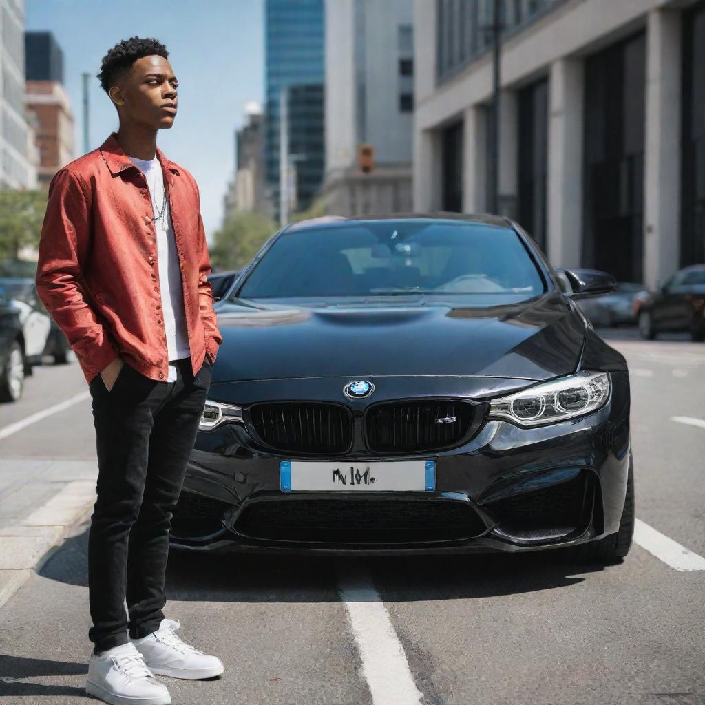 An AI-generated image of a stylish teenager admiring a shiny black BMW M4, both standing under the clear sky in the busy city.