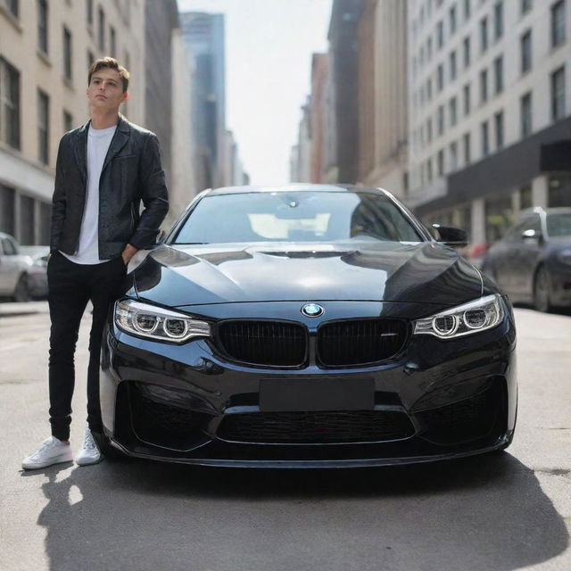 An AI-generated image of a stylish teenager admiring a shiny black BMW M4, both standing under the clear sky in the busy city.