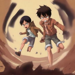 This is a high-quality digital art piece depicting a scene where Eren, a character from Attack on Titan, is stepping on Luffy, a character from One Piece