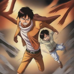 This is a high-quality digital art piece depicting a scene where Eren, a character from Attack on Titan, is stepping on Luffy, a character from One Piece