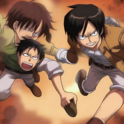 This is a high-quality digital art piece depicting a scene where Eren, a character from Attack on Titan, is stepping on Luffy, a character from One Piece