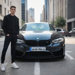 An AI-generated image of a stylish teenager admiring a shiny black BMW M4, both standing under the clear sky in the busy city.