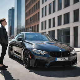 An AI-generated image of a stylish teenager admiring a shiny black BMW M4, both standing under the clear sky in the busy city.