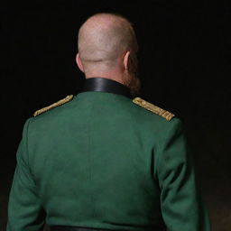 Rear view of a guard with a matte face and a wheat-colored beard. He is dressed in a jade green military uniform, set within a dark ambiance.