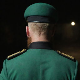 Rear view of a guard with a matte face and a wheat-colored beard. He is dressed in a jade green military uniform, set within a dark ambiance.