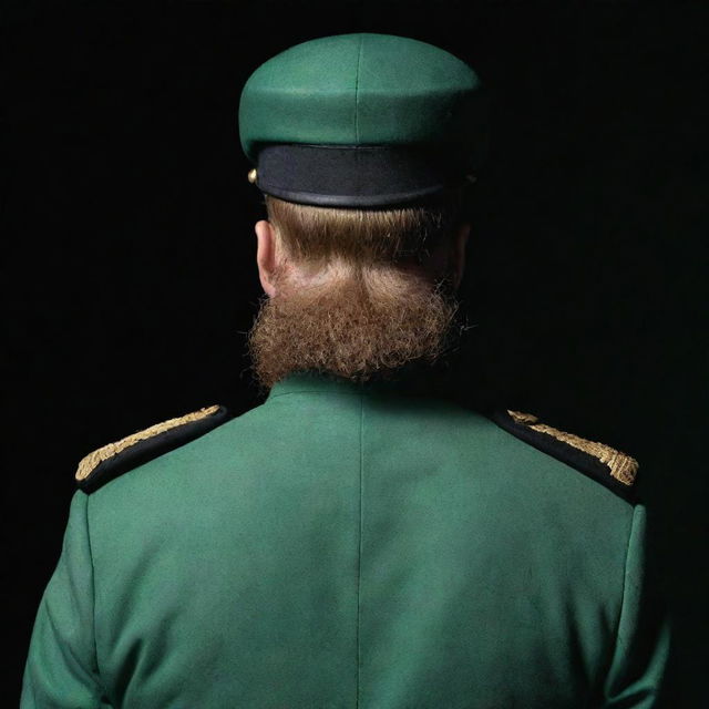 Rear view of a guard with a matte face and a wheat-colored beard. He is dressed in a jade green military uniform, set within a dark ambiance.