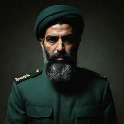 A stern, intimidating IRGC guard, shown from the rear with his face shrouded in darkness. He has a prominent wheat-colored beard and is attired in a jade green military uniform, starkly contrasting a somber dark environment.