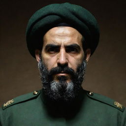 A stern, intimidating IRGC guard, shown from the rear with his face shrouded in darkness. He has a prominent wheat-colored beard and is attired in a jade green military uniform, starkly contrasting a somber dark environment.