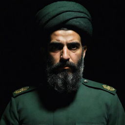 A stern, intimidating IRGC guard, shown from the rear with his face shrouded in darkness. He has a prominent wheat-colored beard and is attired in a jade green military uniform, starkly contrasting a somber dark environment.