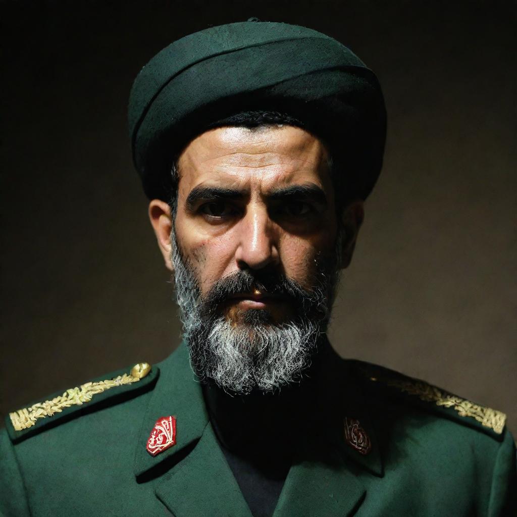 A stern, intimidating IRGC guard, shown from the rear with his face shrouded in darkness. He has a prominent wheat-colored beard and is attired in a jade green military uniform, starkly contrasting a somber dark environment.