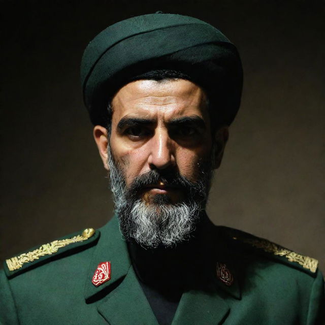 A stern, intimidating IRGC guard, shown from the rear with his face shrouded in darkness. He has a prominent wheat-colored beard and is attired in a jade green military uniform, starkly contrasting a somber dark environment.