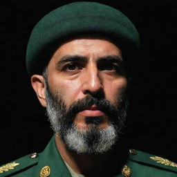 A three-quarter view of an IRGC guard, his face obscured in darkness, featuring a wheat-colored beard. He is wearing a jade green military uniform contrasting a dark background.