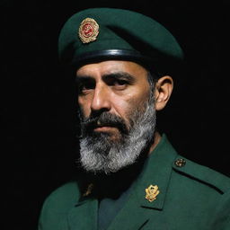 A three-quarter view of an IRGC guard, his face obscured in darkness, featuring a wheat-colored beard. He is wearing a jade green military uniform contrasting a dark background.