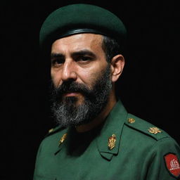 A three-quarter view of an IRGC guard, his face obscured in darkness, featuring a wheat-colored beard. He is wearing a jade green military uniform contrasting a dark background.