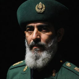 A three-quarter view of an IRGC guard, his face obscured in darkness, featuring a wheat-colored beard. He is wearing a jade green military uniform contrasting a dark background.