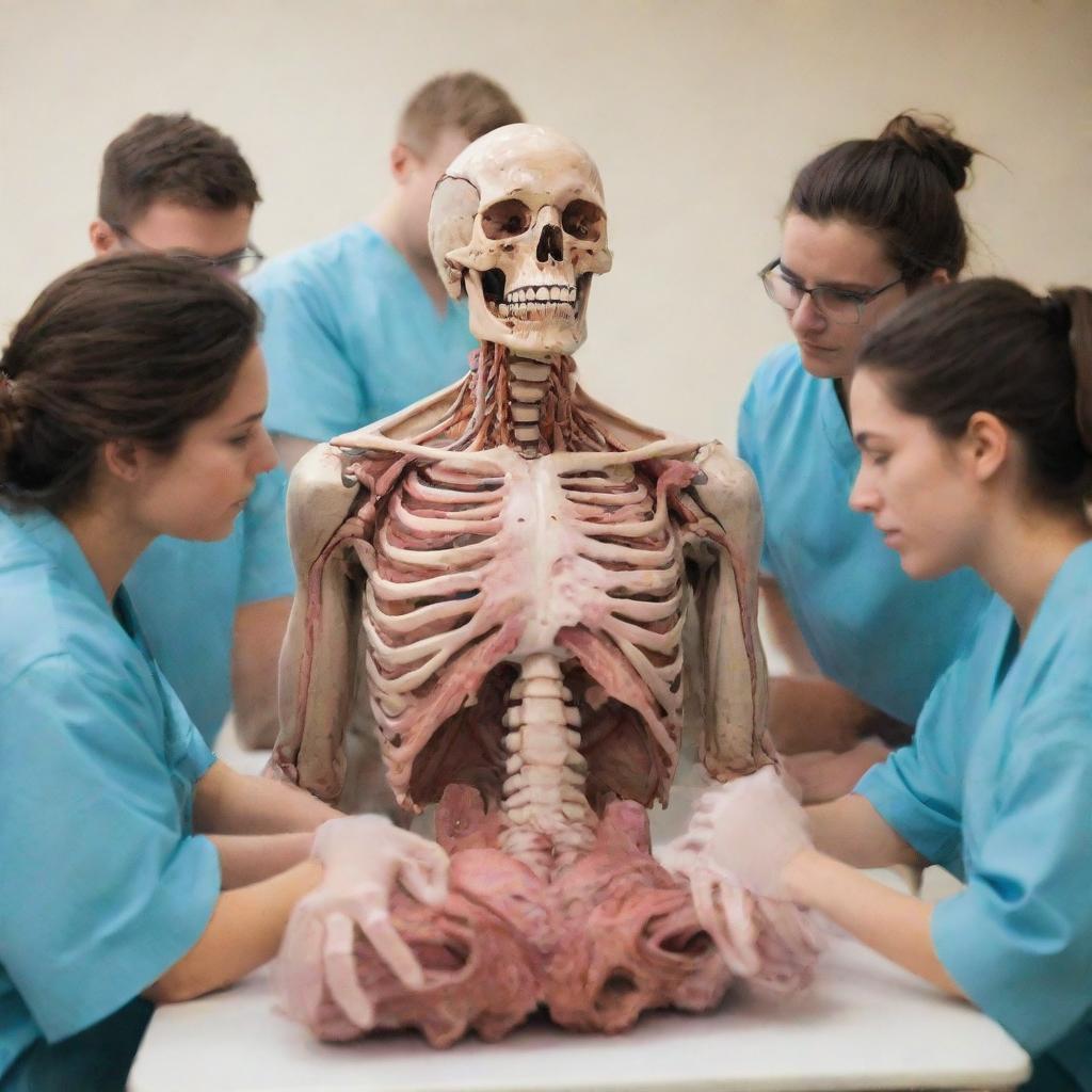 Medical students meticulously studying a cadaver for anatomy lessons