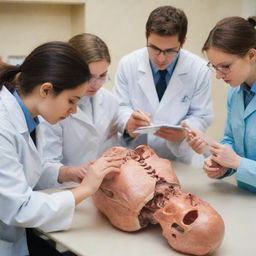 Medical students meticulously studying a cadaver for anatomy lessons