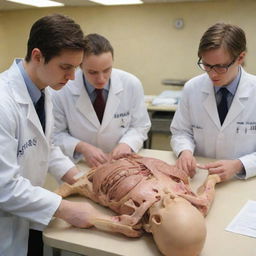 Medical students meticulously studying a cadaver for anatomy lessons