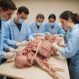 Medical students meticulously studying a cadaver for anatomy lessons