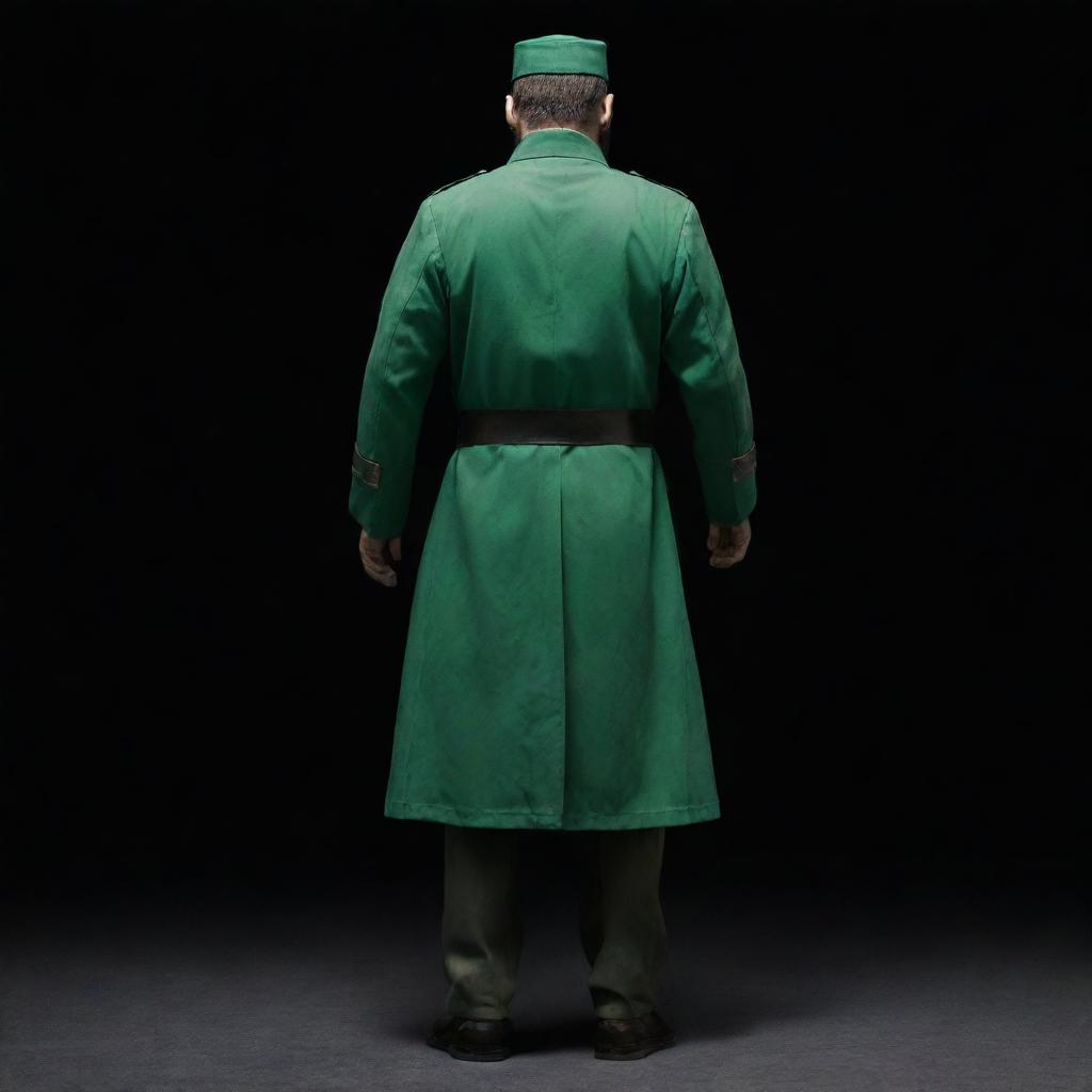 A mysterious, faceless figure wearing a jade green military uniform. Profiled from the rear in a three-sided view, the figure is shrouded in darkness with only a wheat-colored beard hinting their presence.