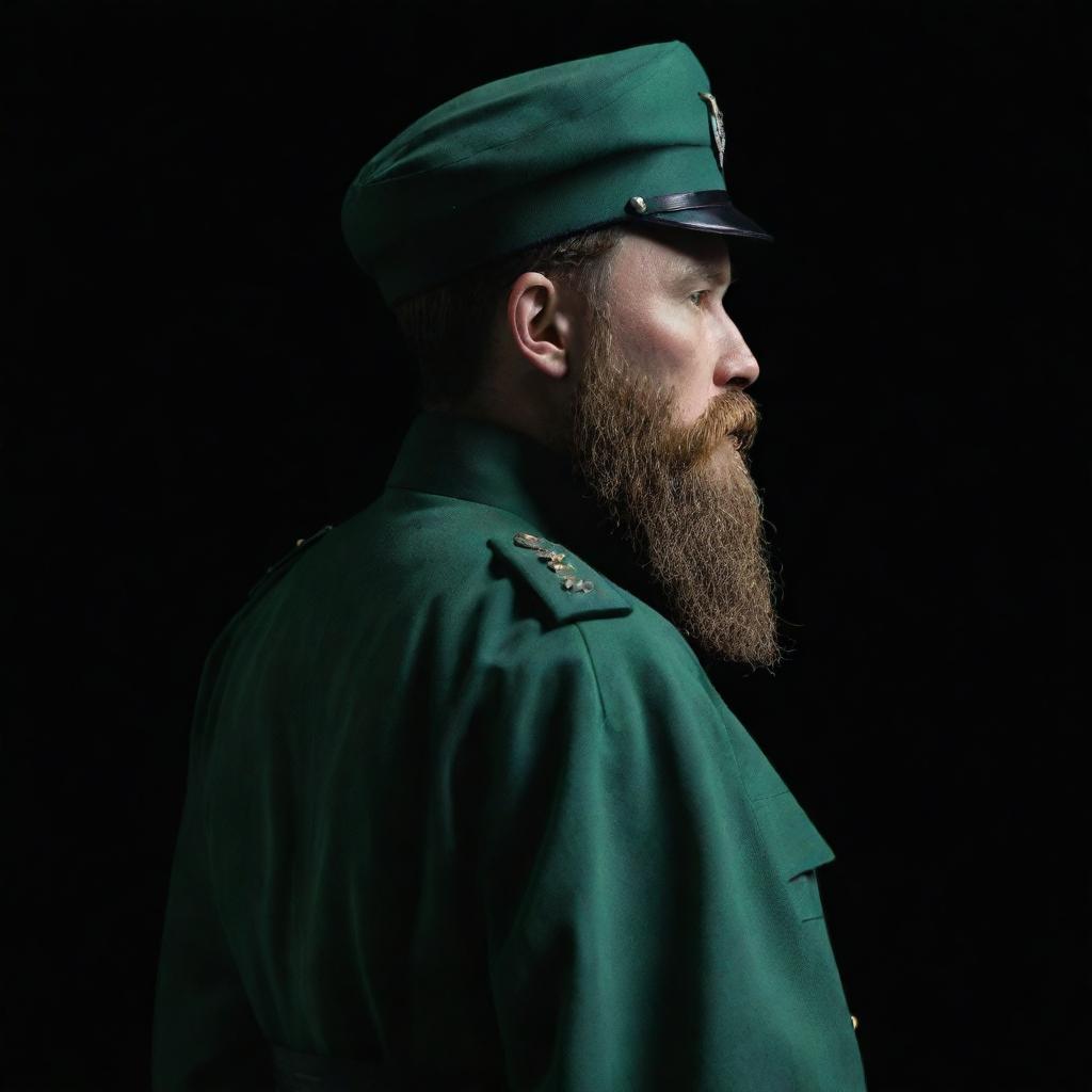 A mysterious, faceless figure wearing a jade green military uniform. Profiled from the rear in a three-sided view, the figure is shrouded in darkness with only a wheat-colored beard hinting their presence.