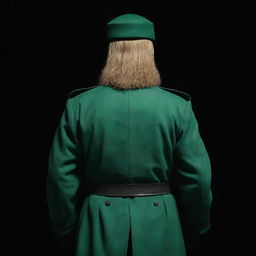 A mysterious, faceless figure wearing a jade green military uniform. Profiled from the rear in a three-sided view, the figure is shrouded in darkness with only a wheat-colored beard hinting their presence.