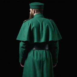 A mysterious, faceless figure wearing a jade green military uniform. Profiled from the rear in a three-sided view, the figure is shrouded in darkness with only a wheat-colored beard hinting their presence.