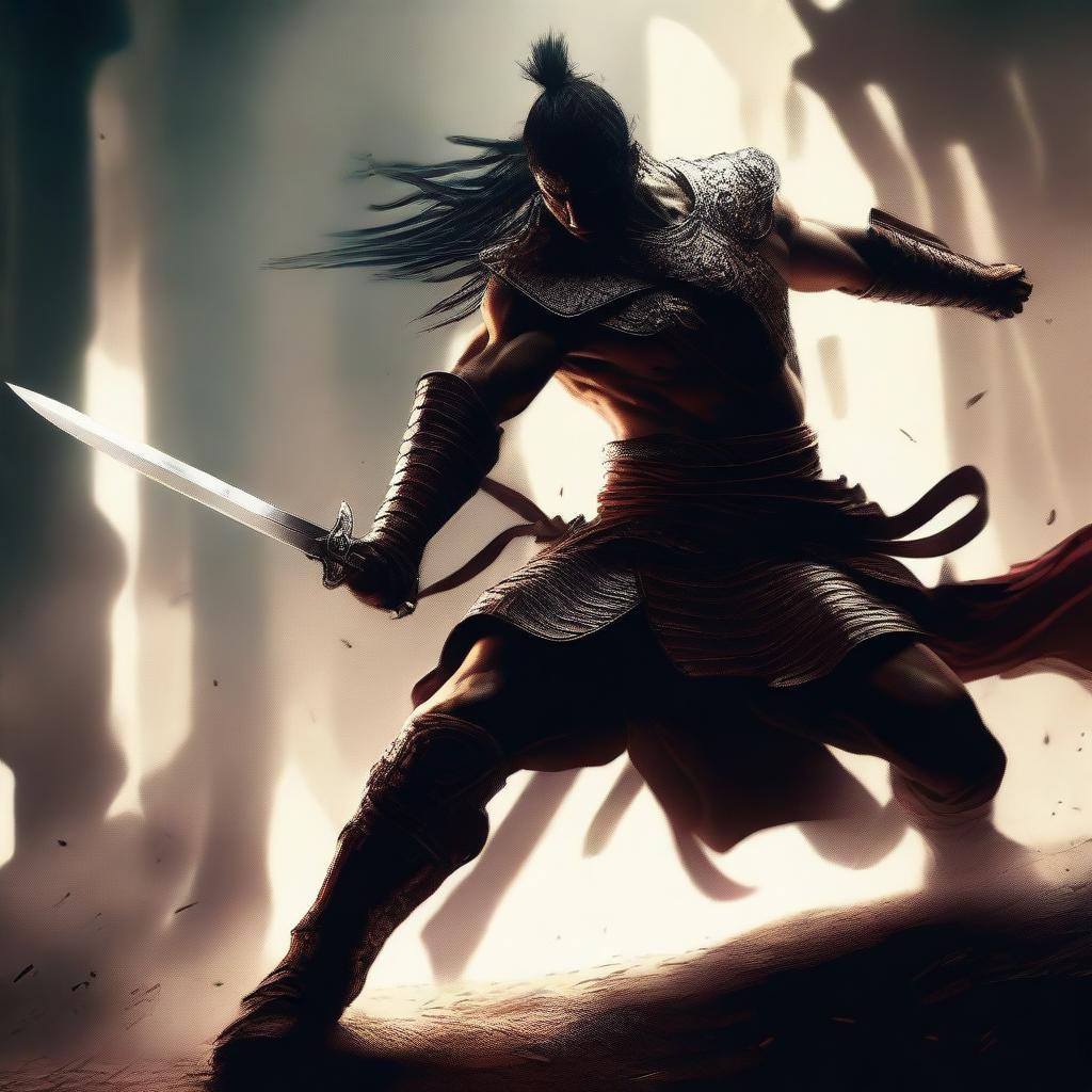 A dramatic digital art scene of a warrior, skillfully wielding a sword, slicing through an opponent