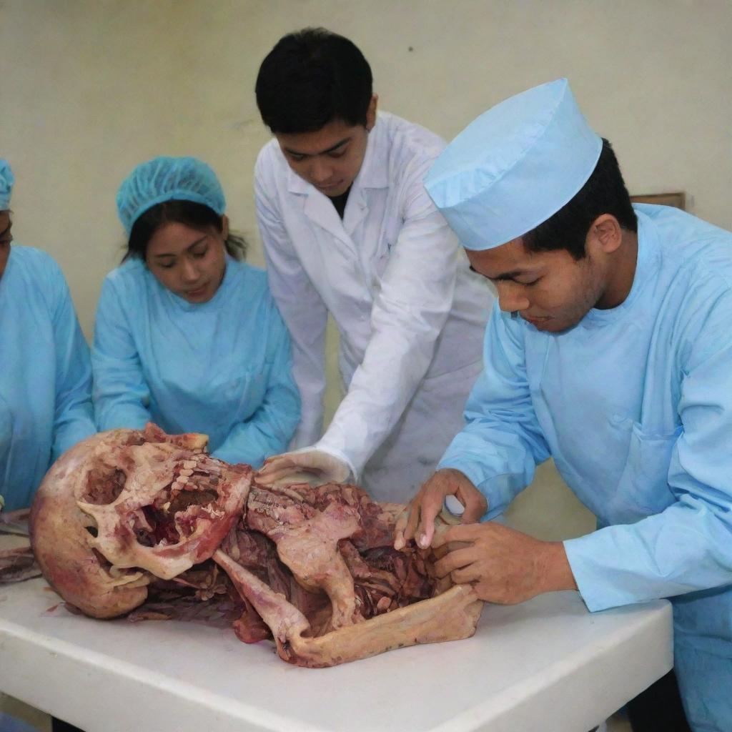 Indonesian medical students studying a cadaver for an anatomy lesson