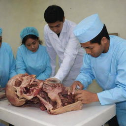 Indonesian medical students studying a cadaver for an anatomy lesson