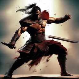 A dramatic digital art scene of a warrior, skillfully wielding a sword, slicing through an opponent