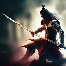 A dramatic digital art scene of a warrior, skillfully wielding a sword, slicing through an opponent