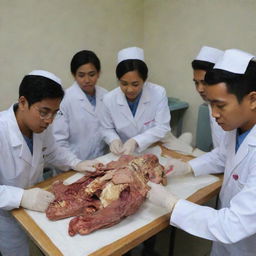 Indonesian medical students studying a cadaver for an anatomy lesson