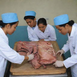 Indonesian medical students studying a cadaver for an anatomy lesson