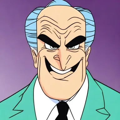 In the cartoon episode, the villain's receding hairline was humorously exaggerated to emphasize his age and decrease in power.