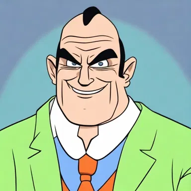 In the cartoon episode, the villain's receding hairline was humorously exaggerated to emphasize his age and decrease in power.