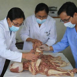 Indonesian medical students studying a cadaver for an anatomy lesson