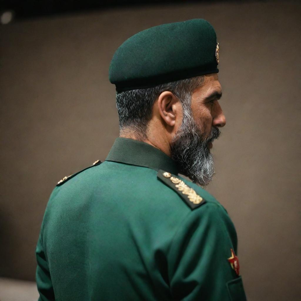 Rear three-sided view of a faceless IRGC guard with a wheat-colored beard, garbed in a jade green military uniform in a dark setting.