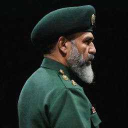 Rear three-sided view of a faceless IRGC guard with a wheat-colored beard, garbed in a jade green military uniform in a dark setting.