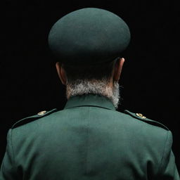 Rear three-sided view of a faceless IRGC guard with a wheat-colored beard, garbed in a jade green military uniform in a dark setting.