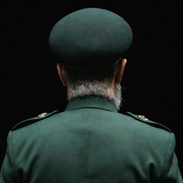 Rear three-sided view of a faceless IRGC guard with a wheat-colored beard, garbed in a jade green military uniform in a dark setting.